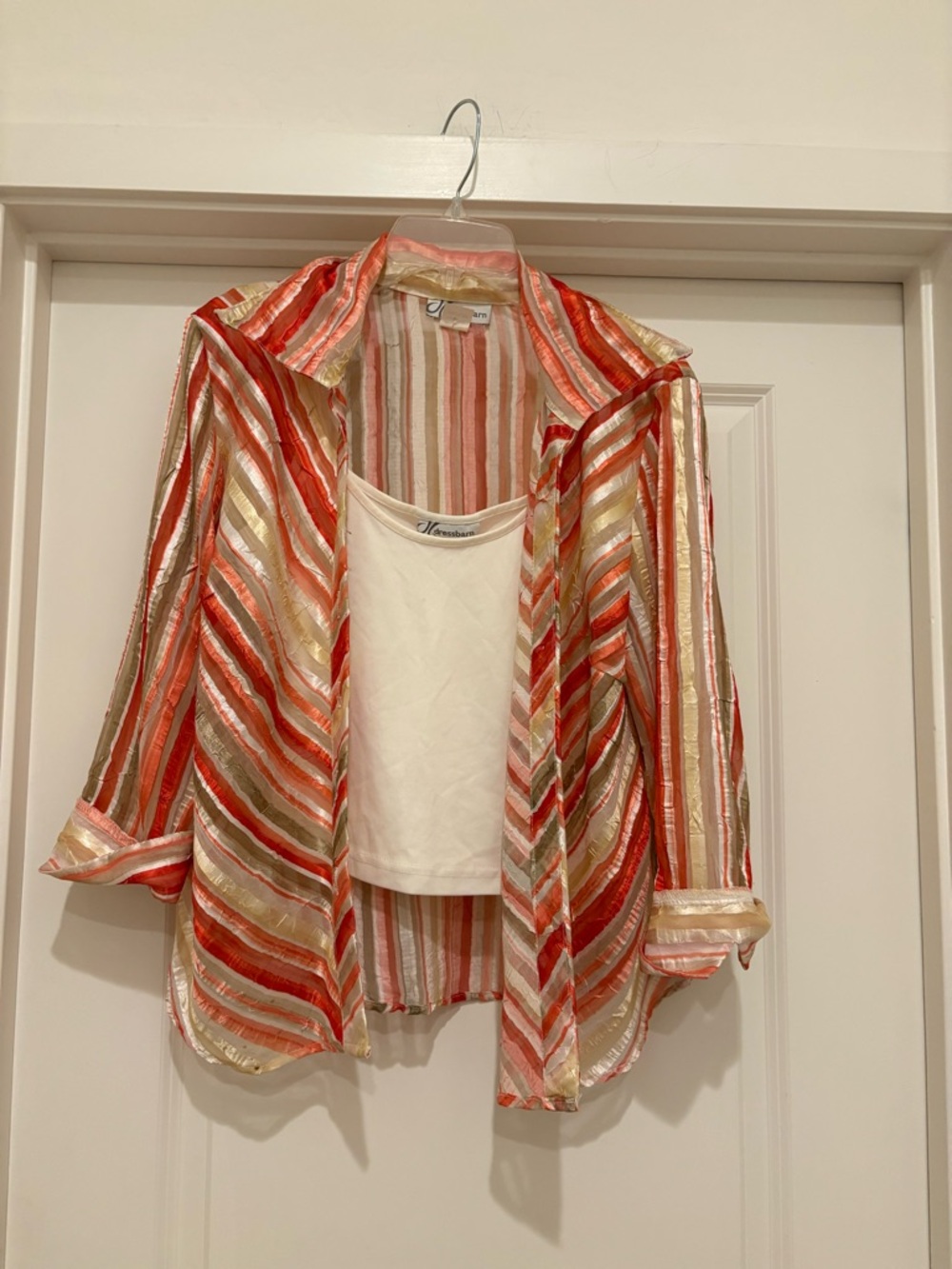 Striped Sheer Button-Up Shirt in Coral, Gold & Cream